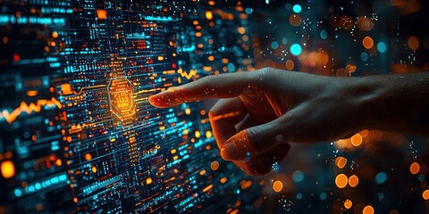 Poster - Hand Interacting with a Futuristic Interface with Glowing Digital Data and a Chart
