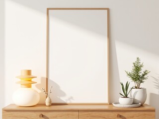 A3 blank poster in a wooden frame hanging on a white wall, above a mid-century cabinet with glowing lamp and indoor tree, in a cozy, futuristic minimalist setting. Frame poster mockup