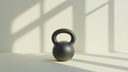 Poster - A simple black kettlebell is positioned on a light surface, casting shadows as sunlight fills the fitness area. Generative AI