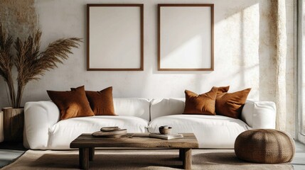 Rustic coffee table beside a white sofa adorned with brown pillows set against a wall featuring two poster frames in a boho ethnic living room design