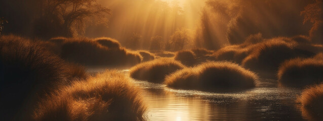 Canvas Print - Golden sunlight bathes the river and surrounding grass at sunrise