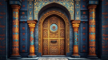 Poster - Beautifully carved Moroccan door with intricate geometric patterns leading into an ancient building surrounded by vibrant city walls that reflect the essence of Moroccan culture