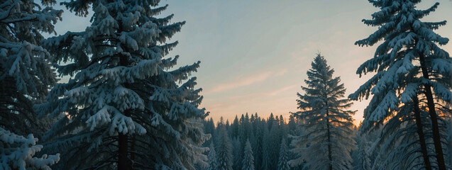 Canvas Print - Snow-covered pine trees create a serene landscape on a frosty evening in winter