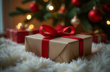 Festive christmas gift under tree with red ribbon and ornaments