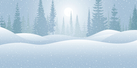Wall Mural - winter landscape, snow drifts and trees, snowfall and sun, vector illustration