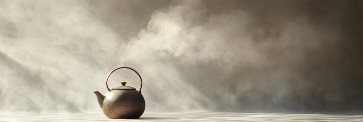 Canvas Print - A tea kettle releases gentle steam, creating an inviting atmosphere in a softly lit space, perfect for cozy moments and warm beverages. Generative AI