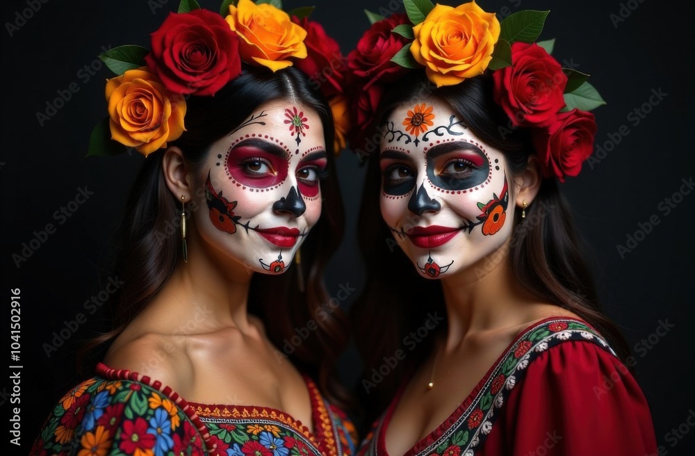 Two women in traditional costumes and makeup for the Mexican Day of the