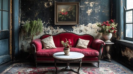 Poster - Beautifully preserved Victorian sitting room with vintage decorative wallpaper displaying small repeating floral motifs and subtle cracks adding an ancient authentic texture to the background
