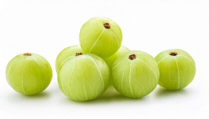 Wall Mural - Closeup Indian gooseberry fruits ( phyllanthus emblica, amla ) in rattan basket and slice with green leaf isolated on white background. Top view. Flat lay.