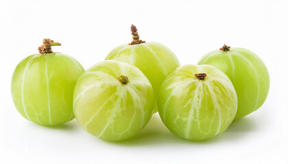 Wall Mural - Closeup Indian gooseberry fruits ( phyllanthus emblica, amla ) in rattan basket and slice with green leaf isolated on white background. Top view. Flat lay.