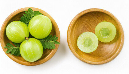 Wall Mural - Closeup Indian gooseberry fruits ( phyllanthus emblica, amla ) in rattan basket and slice with green leaf isolated on white background. Top view. Flat lay.