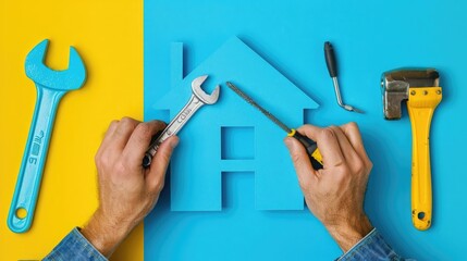 Poster - Renovation, construction, repair services. Hands with adjustable wrench, hammer and paintbrush around blue house on blue yellow background. Minimalist collage