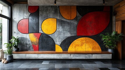 Aufkleber - bold and modern terrazzo flooring pattern featuring striking black bright yellow and vibrant red sto