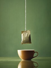 Aufkleber - A tea bag is slowly being steeped in a warm cup, creating a soothing atmosphere ideal for enjoying a quiet moment. Generative AI