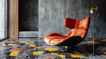 Poster - Bold and modern terrazzo flooring pattern featuring striking black bright yellow and vibrant red stones contrasted against a cool gray concrete wall for a contemporary look