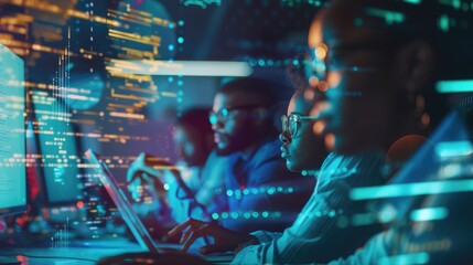 Poster - Team of Diverse Multiethnic Software Developers Working on Computers, Programming Advanced Code, Managing Artificial Intelligence Projects Online for Innovative Cybersecurity Technology Company