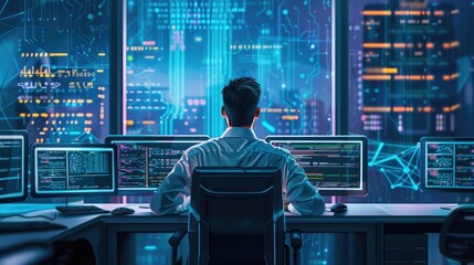 Poster - System Administration and Machine Learning Engineer Programming at His Workstation. Man Plans and Carries Out Work to Expand the Network Structure of the Enterprise at His Office