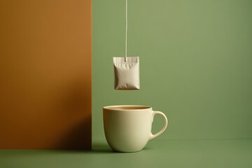Poster - A tea bag gently dips into a white cup, creating ripples in the warm beverage, surrounded by calming earthy colors in the backdrop. Generative AI
