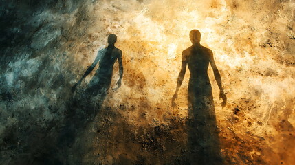 Poster - Mystical encounter two abstract figures emerge from a surreal landscape of light and shadow evoking a sense of enigma and wonder