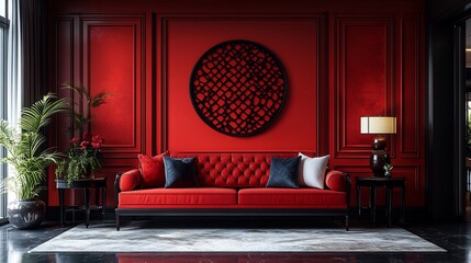 Poster - Bold crimson tech wall featuring intricate lattice designs with a glossy finish ideal for creating a striking focal point in avantgarde interior designs