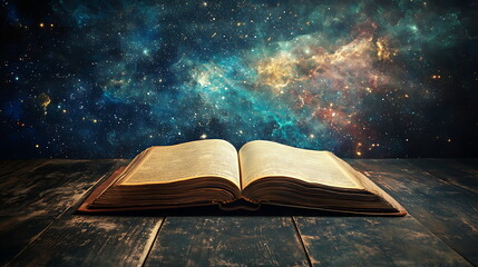 Poster - Exploring the infinite an open book against a cosmic background symbolizing knowledge and the universe’s mysteries