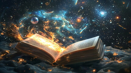 Poster - Unleashing cosmic wisdom an enchanted open book radiating universal energy amidst a celestial realm