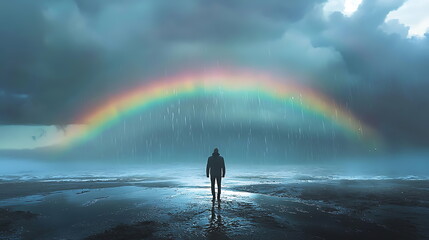 Aufkleber - A solitary journey discovering the beauty of hope beneath a radiant rainbow and gentle rain on a serene landscape