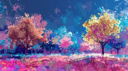 Poster - Vibrant colorful landscape trees field painting wallpaper background created with generative AI technology