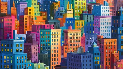 Poster - Vibrant cityscape alive with playful colors, inviting peaceful urban living