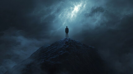 Poster - A solitary figure on a mountain peak beneath turbulent clouds a symbol of resilience and contemplation