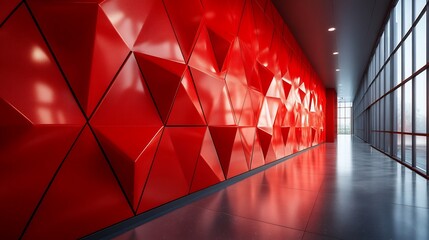 Poster - Bold red tech wall with intricate triangular patterns and a glossy finish perfect for creating a striking and energetic vibe in contemporary design studios