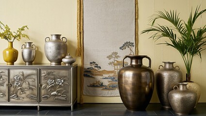 Canvas Print - Silver and Bronze Vases with Asian-Inspired Artwork