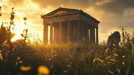 Wildflowers and tall grass surround a Greek temple at sunrise casting a golden light across the scene