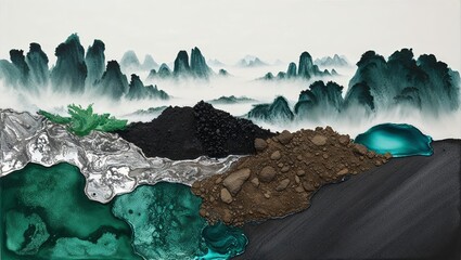 Wall Mural - Ink & Material Landscape: Mountain Dreamscape