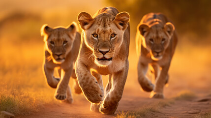 group of lionesses in the savannah