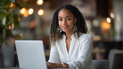 Poster - A woman is sitting at a table with a laptop in front of her