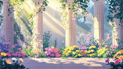 Wall Mural - Greek temple surrounded by blooming wildflowers vines climbing the columns under soft sunlight