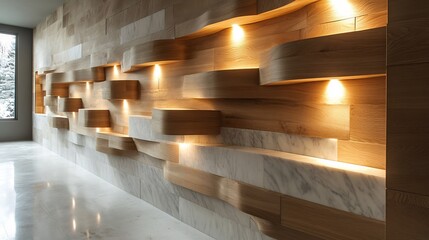 Poster - Captivating wall design that features alternating strips of light wood and polished white marble offering a clean and harmonious aesthetic ideal for openconcept living