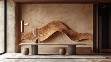 Poster - Captivating wall design featuring a seamless blend of wooden panels and a sleek marble pattern creating an elegant backdrop that enhances the overall aesthetic of a modern space