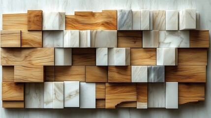 Poster - Captivating wall design that features alternating strips of light wood and polished white marble offering a clean and harmonious aesthetic ideal for openconcept living