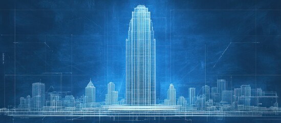 Wireframe of a futuristic cityscape with a tall skyscraper.