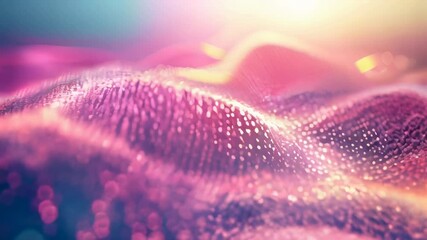 Poster - Wavy abstract pattern of pink and purple digital particles, illuminated by soft light, creating a futuristic, flowing texture effect.