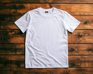 plain white t-shirt on wooden surface for casual fashion presentation.