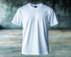 Plain white t-shirt on a blurred background, ideal for mockups and designs.