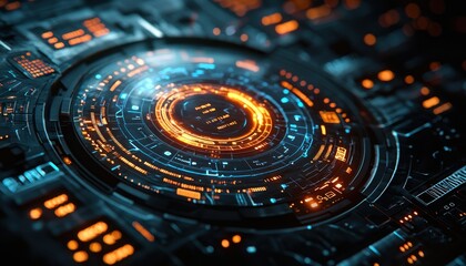 Poster - Futuristic Interface with Glowing Orange and Blue Circles