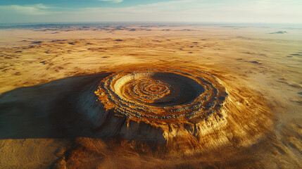 Wall Mural - A circular crater in a desert landscape, captured from an aerial perspective.