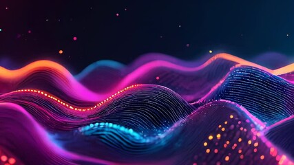 Poster - Wavy neon lines in vibrant pink, blue, and orange tones, flowing dynamically with glowing particles scattered in a dark, futuristic setting.