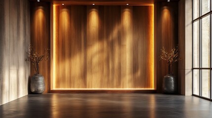 Poster - Charming room with a front view of a blank wall crafted from elegant wooden planks highlighted by a decorative light fixture setting the stage for a creative mockup