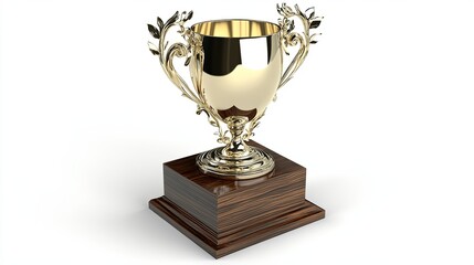 A 3D render of a trophy cup championship prize, featuring a gold cup mounted on a wooden base. The design should highlight the intricate details of the trophy, showcasing its shiny gold finish and the