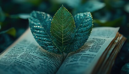 Poster - A single green leaf resting on an open book with its pages filled with text